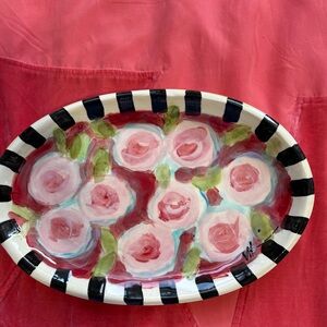 Handmade Ceramic Serving Tray Peonies On Scarlet Original Design 11.5”x8”